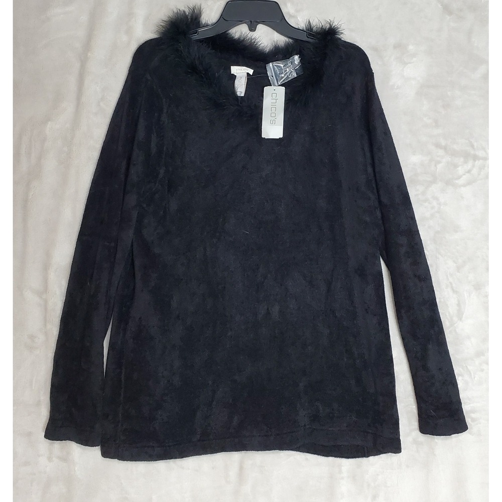 CHICO'S Sweater Size 3 Fairly Feathered Cherie Pullover Black Minimalist NWT